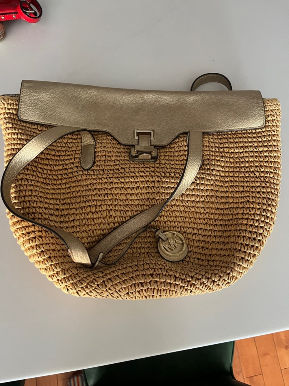 MICHAEL Michael Kors Woven Straw Shoulder Bag with Gold Trim